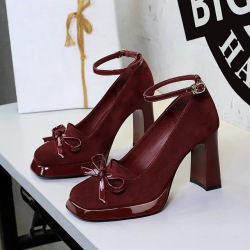 9992-H81 French style elegant one-piece buckle with bow, square toe, suede, thick heel, waterproof platform, exquisite women's shoes