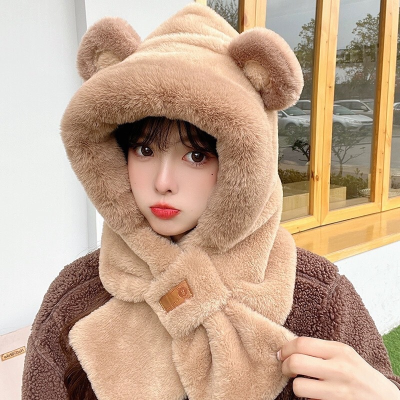 冬のかわいいキツネ耳ぬいぐるみ耳保護帽子、ネックスカーフ、オールインワン暖かい帽子、多用途の顔見せの小さな秋冬帽子|undefined