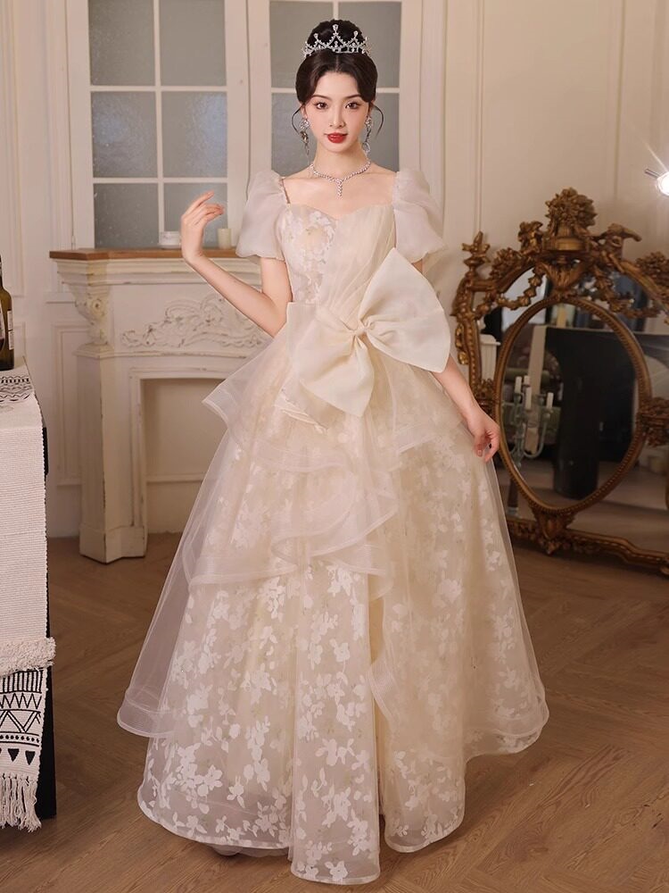 Đầm dạ hội công chúa tay lỡ cổ tròn thắt eo xòe bồng — Champagne 2534 chi tiết 2