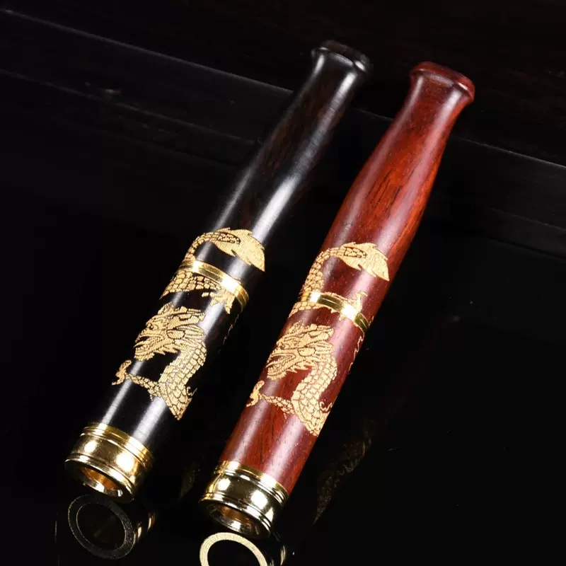 黑檀血檀实木描金雕龙烟嘴双芯循环过滤器可清洗男士净烟粗细两用