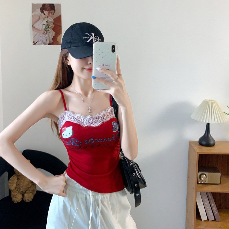Cute cartoon letter print lace camisole for women, summer style with chest pads, slim fit, age-reducing, beautiful back top Cute cartoon letter print lace camisole for women, summer style with chest pads, slim fit, age-reducing, beautiful back top