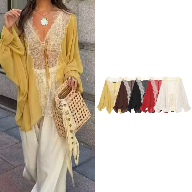 Cross-Border European and American Style Foreign Trade Sexy Hot Girl Style Irregular See-Through Lace Patchwork Long-Sleeve Shirt 9038832 Cross-Border European and American Style Foreign Trade Sexy Hot Girl Style Irregular See-Through Lace Patchwork Long-Sleeve Shirt 9038832
