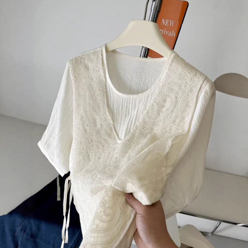 Summer Plus-Size Lace Two-Piece Short-Sleeve Shirt for Women, Stylish Loose Fit Slimming T-Shirt Top