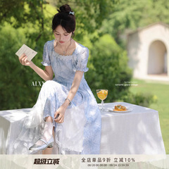 鹿向南「风传花信」法式气质蓝色花朵短袖方领连衣裙女夏收腰长裙