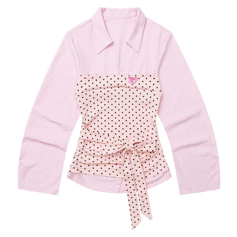 Korean-style sweet girl faux two-piece long-sleeve top for women, pink plaid with polka dot accents, strapless, tie-waist, slimming shirt Korean-style sweet girl faux two-piece long-sleeve top for women, pink plaid with polka dot accents, strapless, tie-waist, slimming shirt