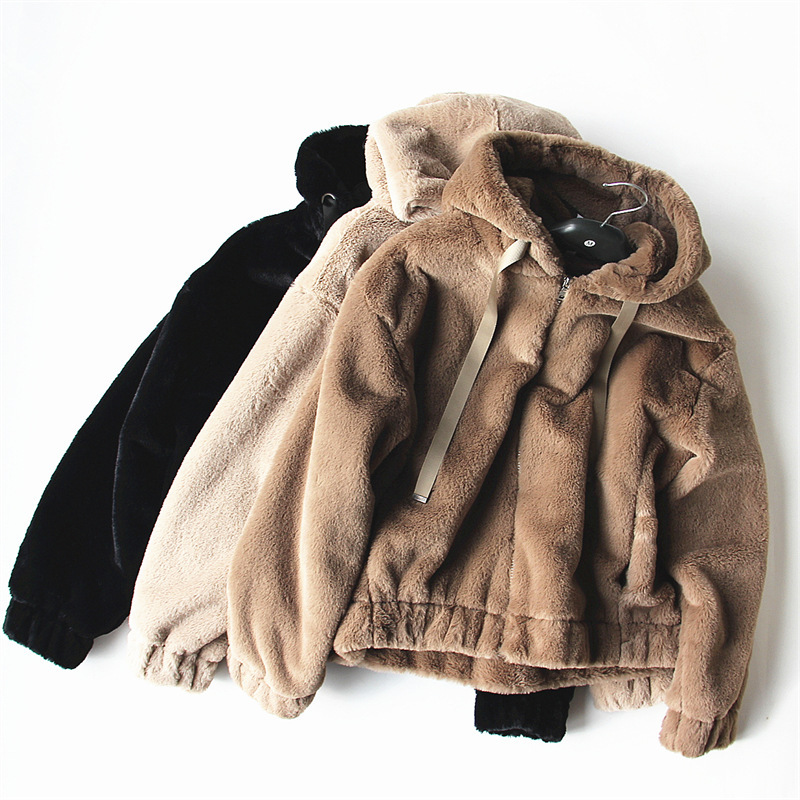 European and American Single Autumn and Winter Women's Hooded Plush Short Coat Imitation Rabbit Hair Warm Casual Women's Solid Color Fur Jacket