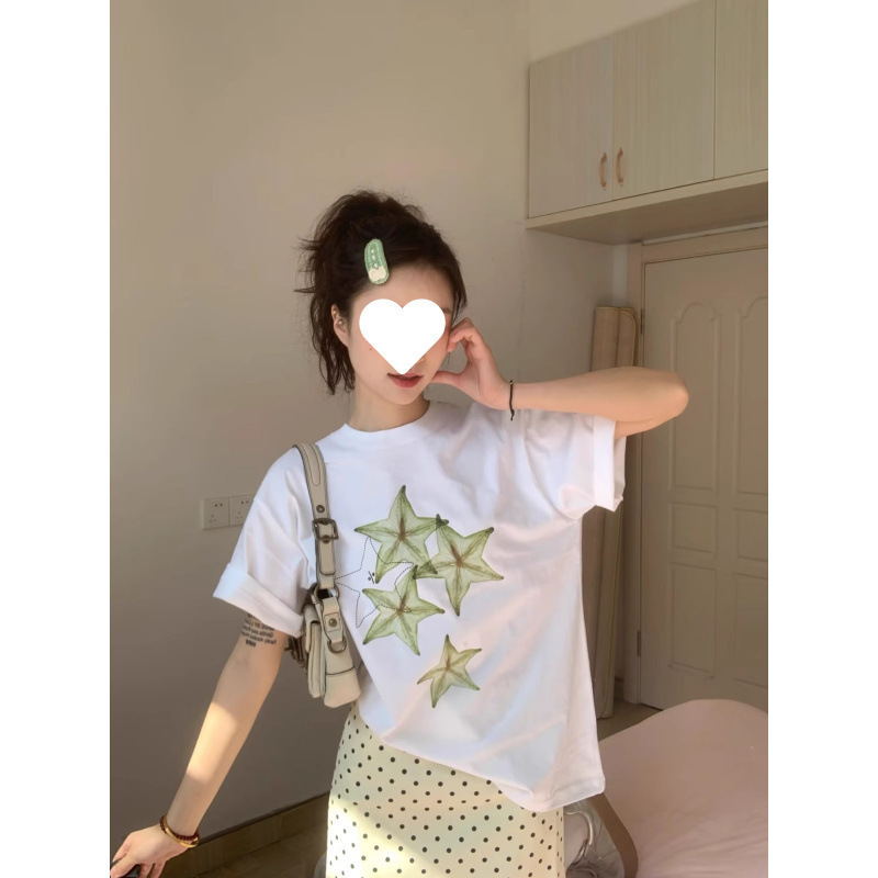 韓国ニッチホワイト半袖シャツ女性の夏楽しいタネギプリントルーズカジュアルヘビーウェイトコットントップ|undefined