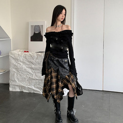 ニットの女性の肩の長袖のレトロなプリントのギャルの上着 + パンクの格子縞は服の胸のスカートの半身のスカートを拭きます。