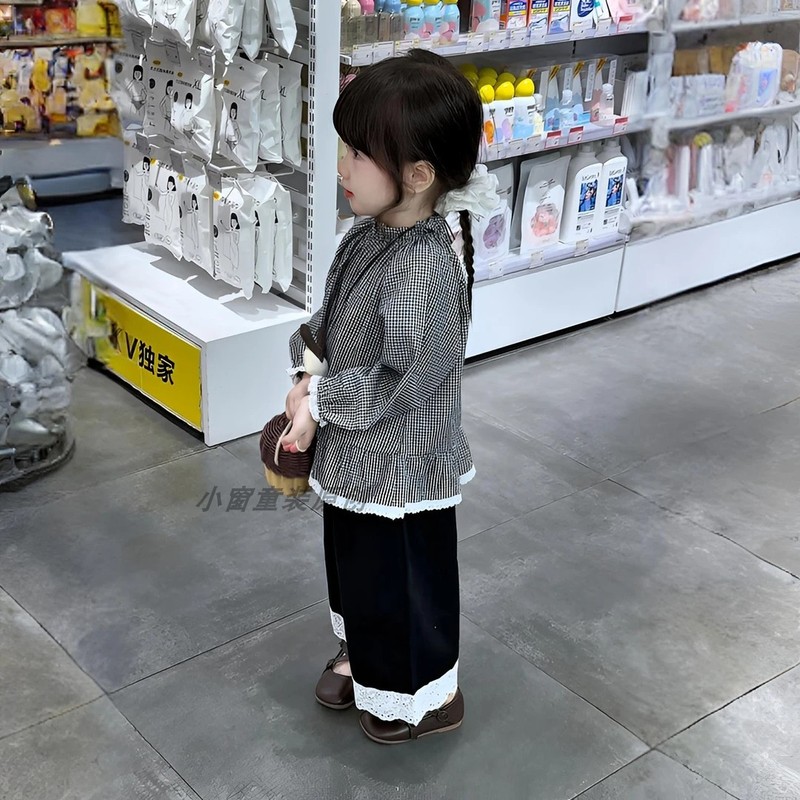 女童韩版蕾丝花边格子娃娃衫套装2025春秋新款儿童宝宝洋气阔腿裤|undefined