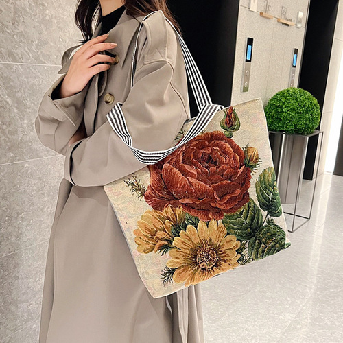 New gold thread fabric shoulder bag, foreign trade fashion women's bag, cute shopping bag, cross-border supply source, literary canvas bag