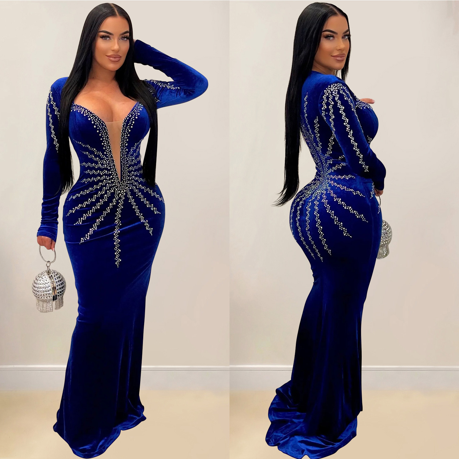 C6827 transfronterizo AliExpress Amazon europeo y americano de la moda de las mujeres color sólido sexy rhinestone Vestido de manga larga image 3