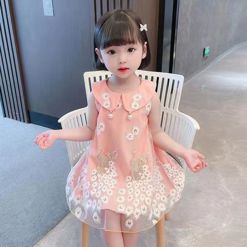 女の子ドレスサマードレス 2025 新しい子供の孔雀インターネットセレブスタイルプリンセスドレス少女ベビーガールドレス|undefined