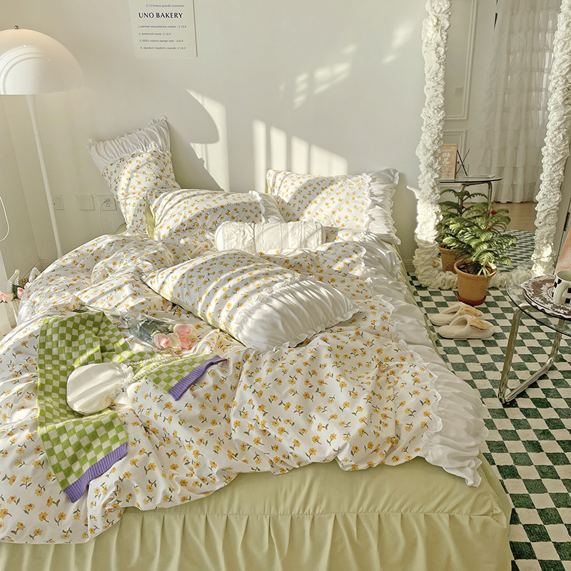 ins夏法式田园小碎花公主风床上四件套花边被套床裙床单厂家批发