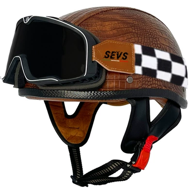 Motosiklet kaskı (dəbilqə) – helmet electric motorcycle portable helmet - brown-crocodile-leather-helmet-rice-frame-goggles-m