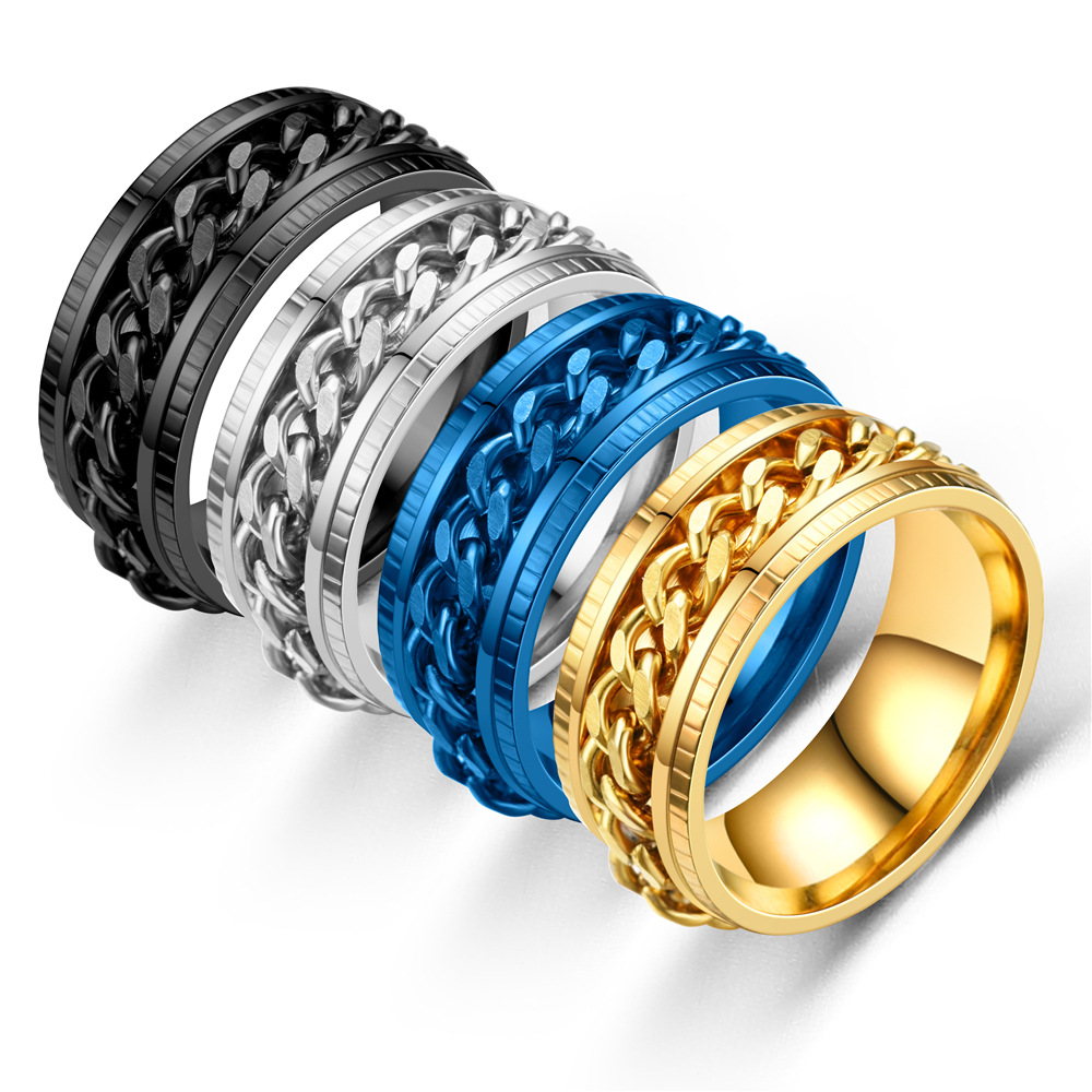 跨境饰品批发欧美个性二面压花不锈钢指环可转动链条戒指索链首饰|ru