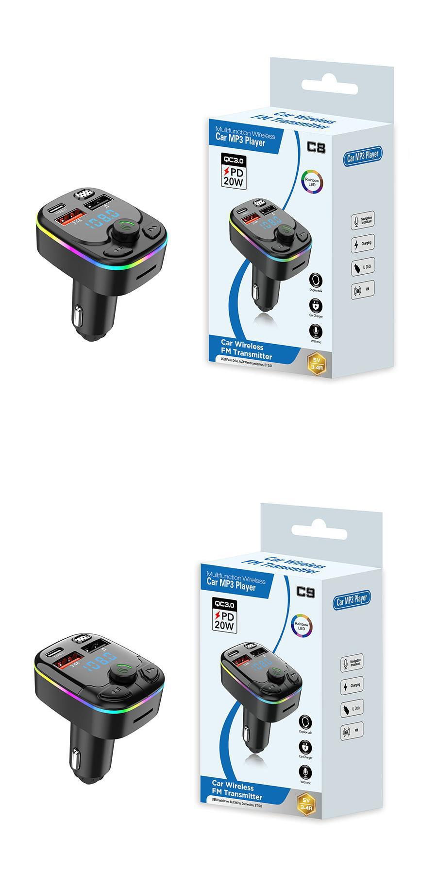 Cross-border C4 Car Bluetooth MP3 Hands-Free Call Card Playback FM Transmitter 3A Bluetooth Car Charger Source Factory