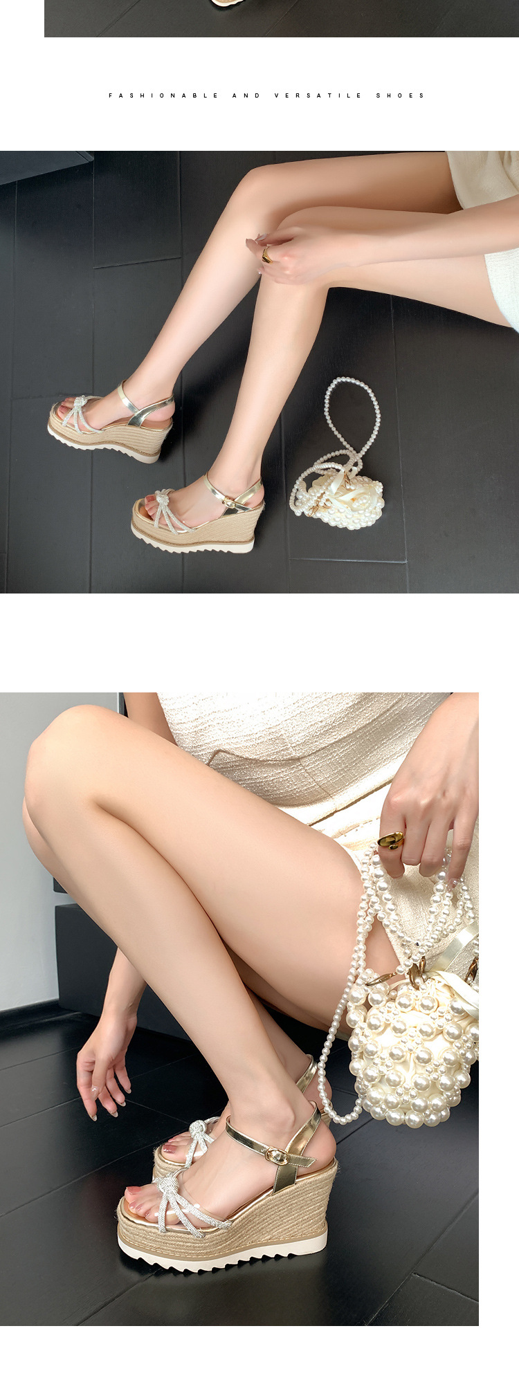 Sandal cao gót nữ hở mũi đính đá pha lê gót nêm đế cói — màu vàng, bạc chi tiết 7