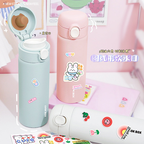 High-quality cartoon sticker pop-top direct drinking stainless steel insulated cup for students, portable pop-up jumping cup