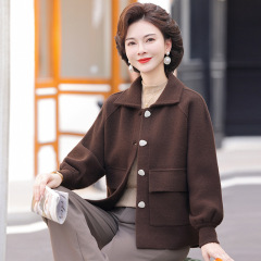 2025中老年女装洋气格子韩国绒翻领开衫上衣妈妈秋冬装针织衫外套