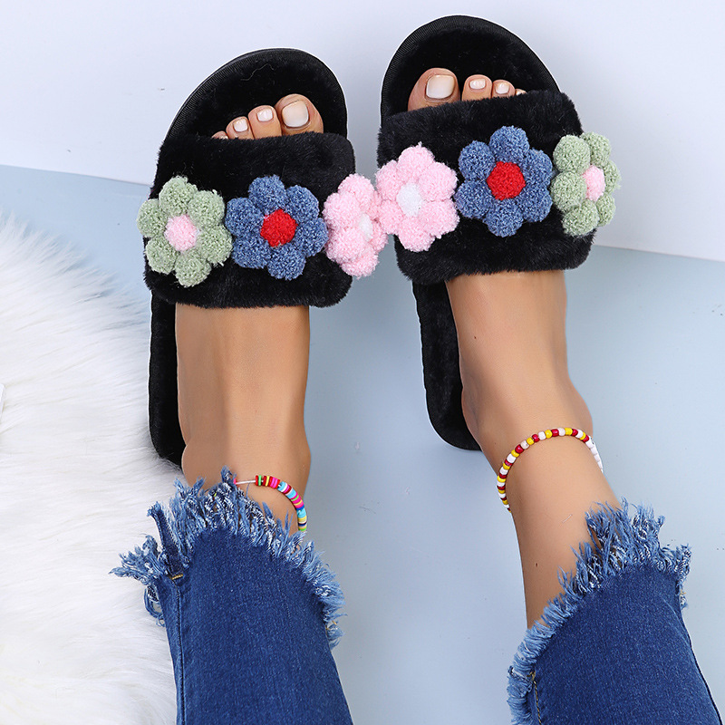 Flat-Bottomed Colorful Flowers Furry Slippers NSKJX104840