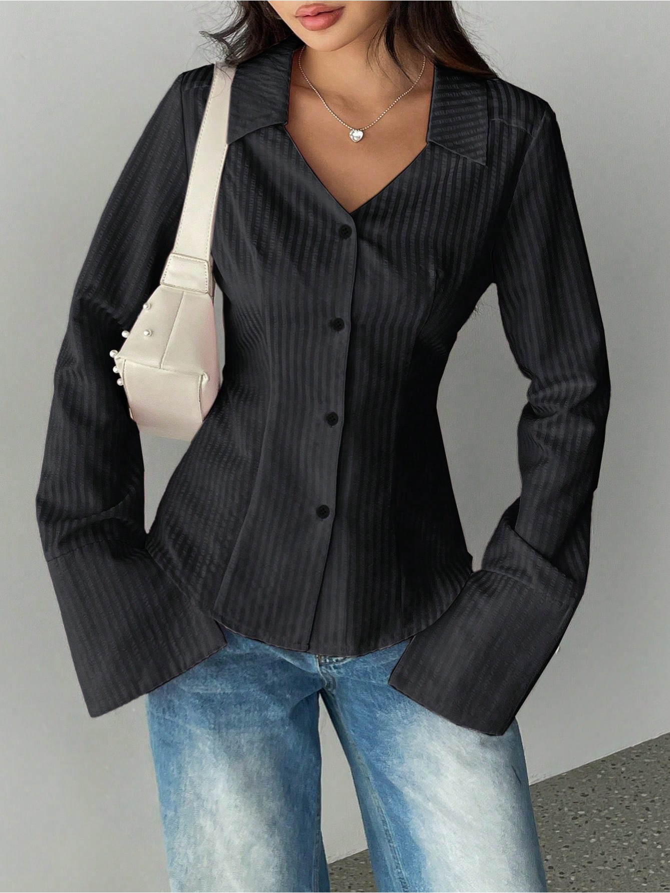 European and American Women's Clothing Amazon Temu Cross-Border Autumn Foreign Trade Style Women's Striped Printed Button-Down Shirt Elegant Long-Sleeve