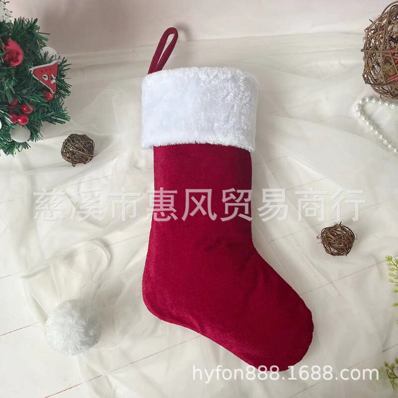 跨境新款圣诞袜红色仿皮绒装饰袜20英寸白边毛绒袜糖果礼物袋|undefined