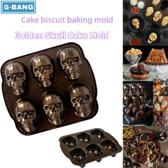 跨境新品3D金色骷髏頭模具烘焙蛋糕模具耐高溫食品級餅乾蛋糕模具