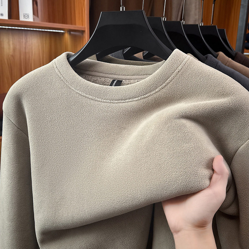High-end popular flannel round-neck fleece-lined thick sweatshirt, new autumn and winter model, integrated fleece warm long-sleeve sweater