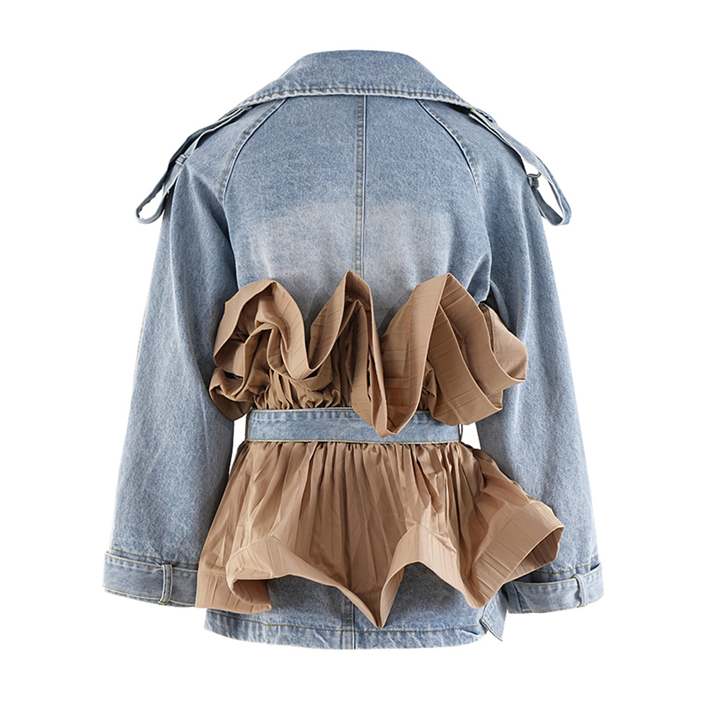 Women's Clothing design lapel denim jacket ruffled contrast color stitching personality lace up top_voghion.com