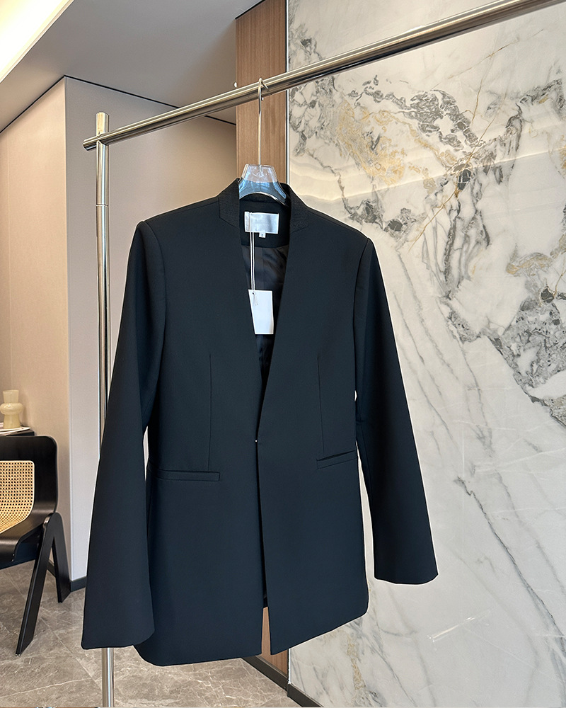European American Wool Blazer For Women, Loose Fit, No Buttons, Minimalist Black Suit Jacket, Spring And Autumn_ecoleips.com