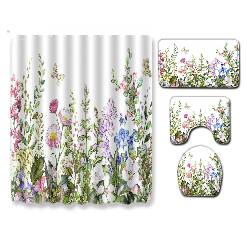 厂家定制新品清新碎花浴室四件套卫生间马桶三件套浴帘地垫代发