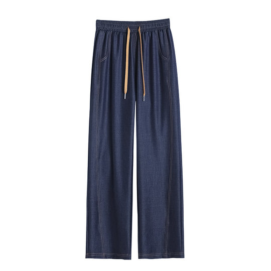 Real shot in stock 2025 new tannin dark blue wide leg jeans spring and summer ice silk straight tube floor pants