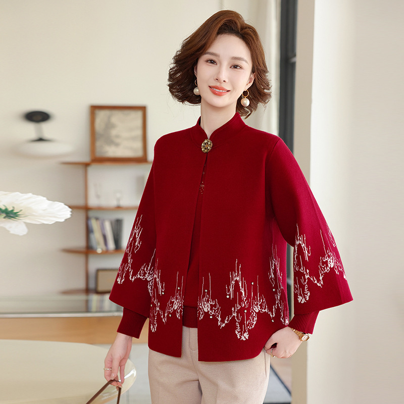 洋气妈妈秋装针织结婚礼服两件套装女秋冬毛衣开衫中老年宽松上衣|undefined