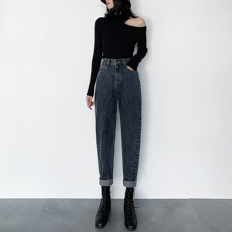 High elastic jeans for women 2021 new autumn and winter straight high waist loose harem radish daddy pants fashion