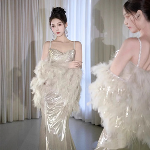 High-end Light Luxury Light Gold Evening Dress Morning Gown 2025 New High-end Feeling Banquet Niche Birthday Sling Evening Dress