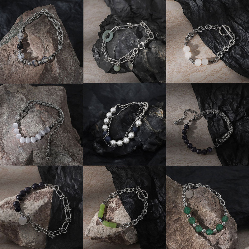 New Chinese Style Original Stone Cut-out Jade Safety Buckle Mix and Match Stitching Titanium Steel Bracelet Retro National Fashion Design Bracelet