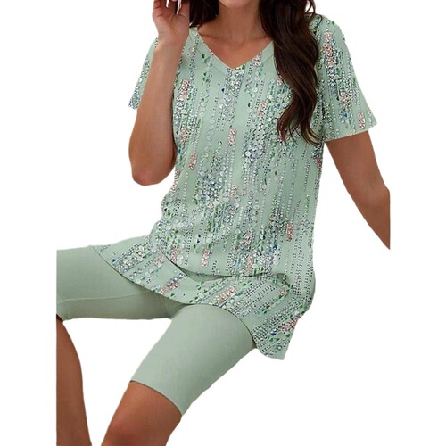 Shorts Summer Casual Floral Print Women's Two-Piece Set New D-Neck Suit T-shirt