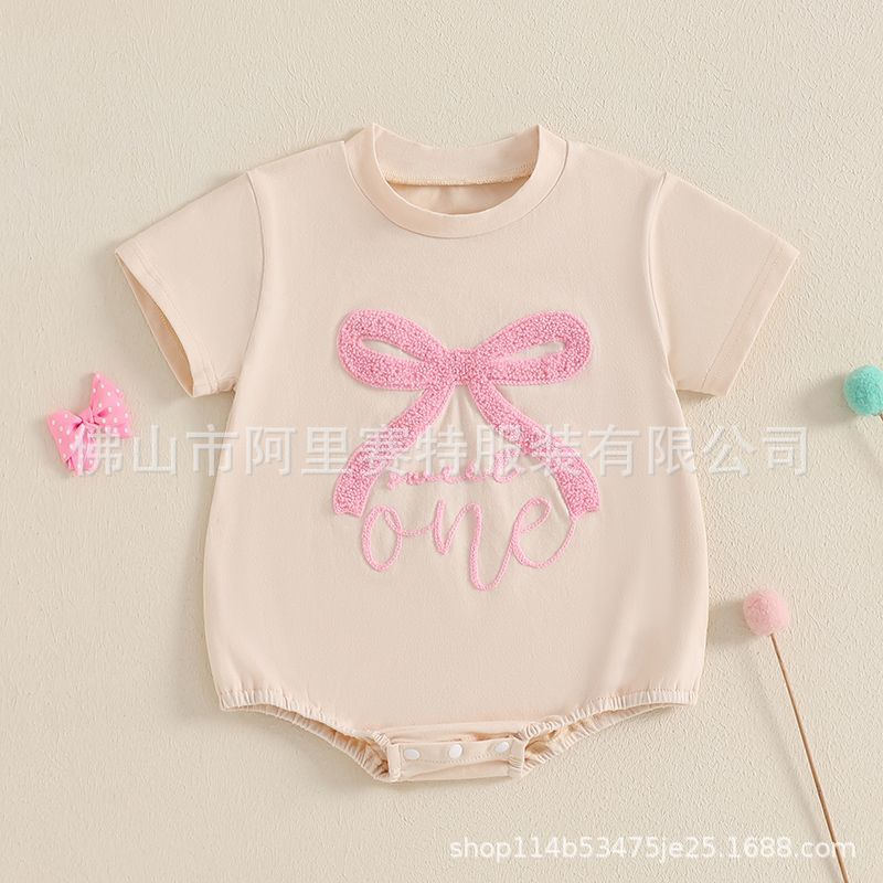 跨境婴幼儿童女婴童粉色蝴蝶结毛巾绣短袖三角哈衣