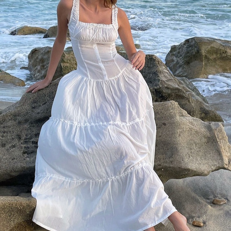 Summer New Style Lazy Holiday Style Pleated Edge Front Button Design Maxi Dress High-End Goddess Skirt Large Hem Skirt