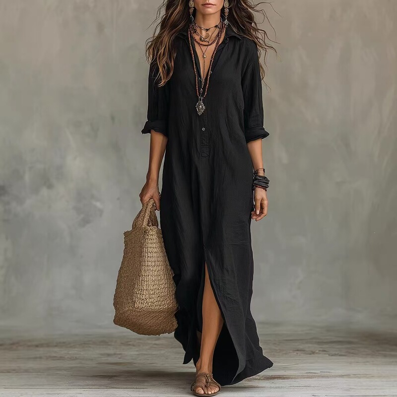 20263D Resort Style V-Neck Slit Long Skirt Loose Shirt Dress Beach Cover-Up Women's Seaside Vacation Dress 20263D Resort Style V-Neck Slit Long Skirt Loose Shirt Dress Beach Cover-Up Women's Seaside Vacation Dress