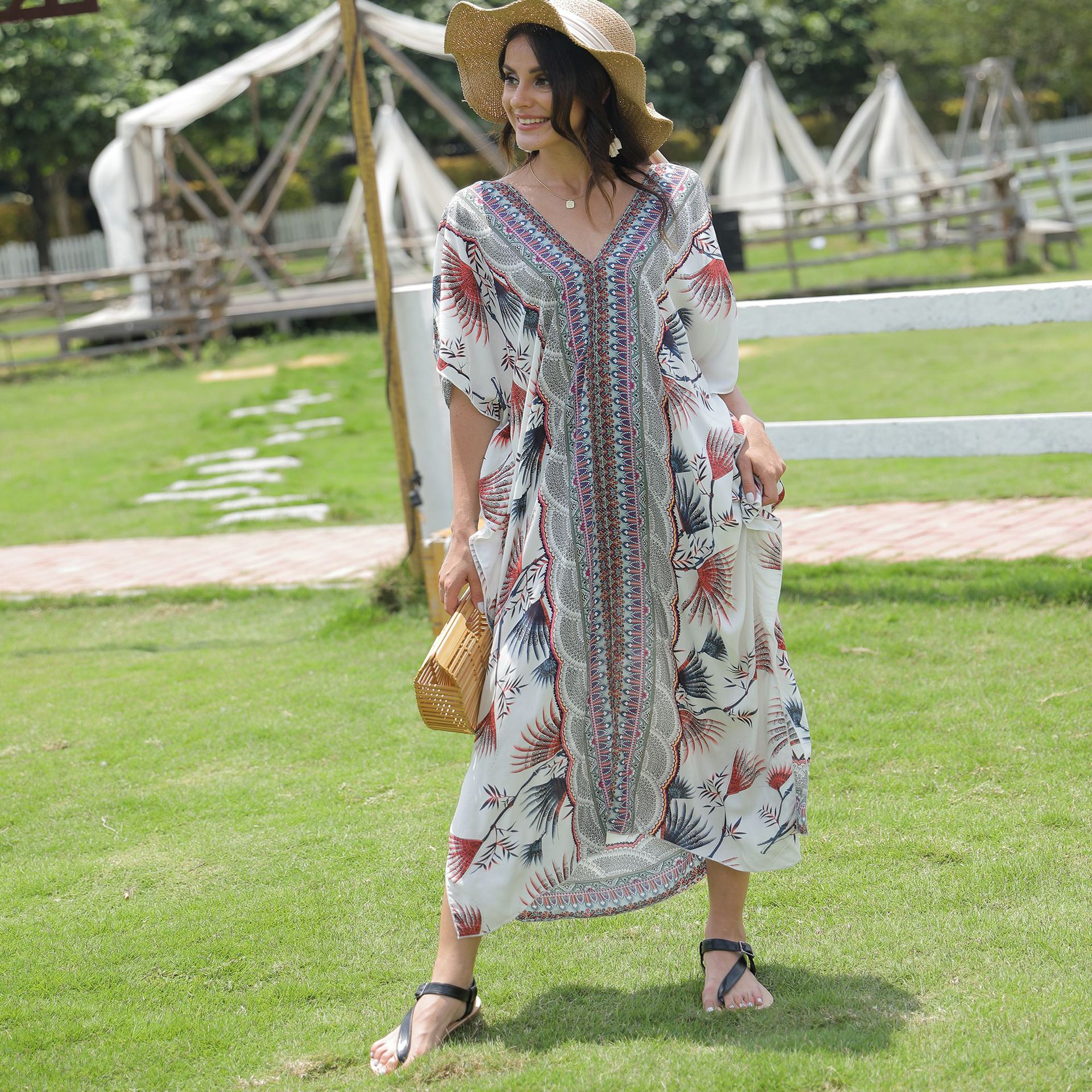 Transfronterizo Amazon deseo europeo y americano casual suelta túnica vacaciones vestido largo playa blusa Batwing manga robe 5d95