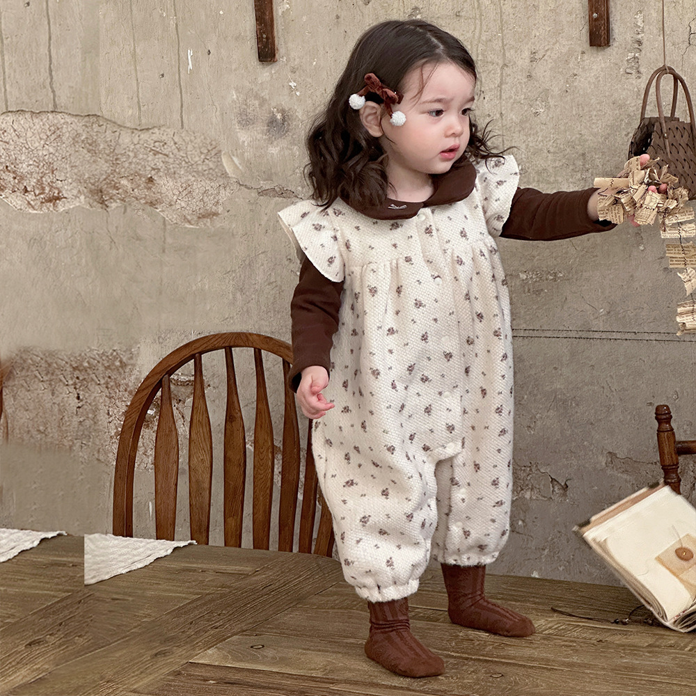 2024 otoño e invierno nuevo producto mameluco para bebé traje de ropa para niños niña bebé de una pieza traje de escalada floral francés de dos piezas
