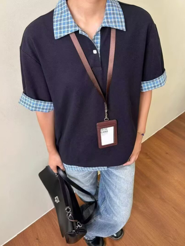 韩系格纹假两件POLO衫男女男夏季高级感cleanfit衬衫领短袖T恤衫|undefined