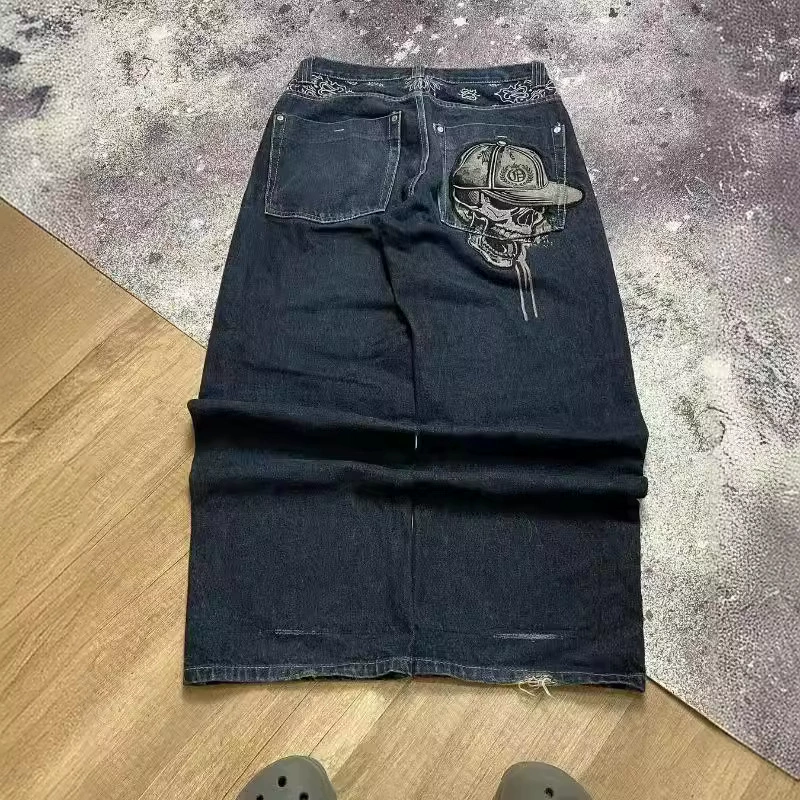 Трансграничные американские уличные тренды с принтом черепа синие джинсы мужские высокие улицы нишевые брюки