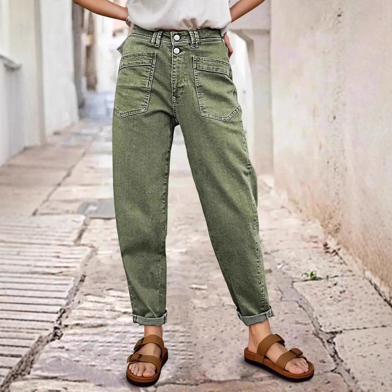 Cross-Border Amazon European and American Elastic Mid-Waist Straight Jeans Green Button Design Diagonal Pocket All-Season Jeans Cross-Border Amazon European and American Elastic Mid-Waist Straight Jeans Green Button Design Diagonal Pocket All-Season Jeans