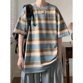 夏季条纹圆领短袖T恤男士潮牌潮流美式高街宽松百搭情侣半袖上衣