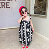 girl 2021 Summer wear Geometry Wave printing Jumpsuits children Korean Edition Children's clothing baby Easy straps Wide leg pants