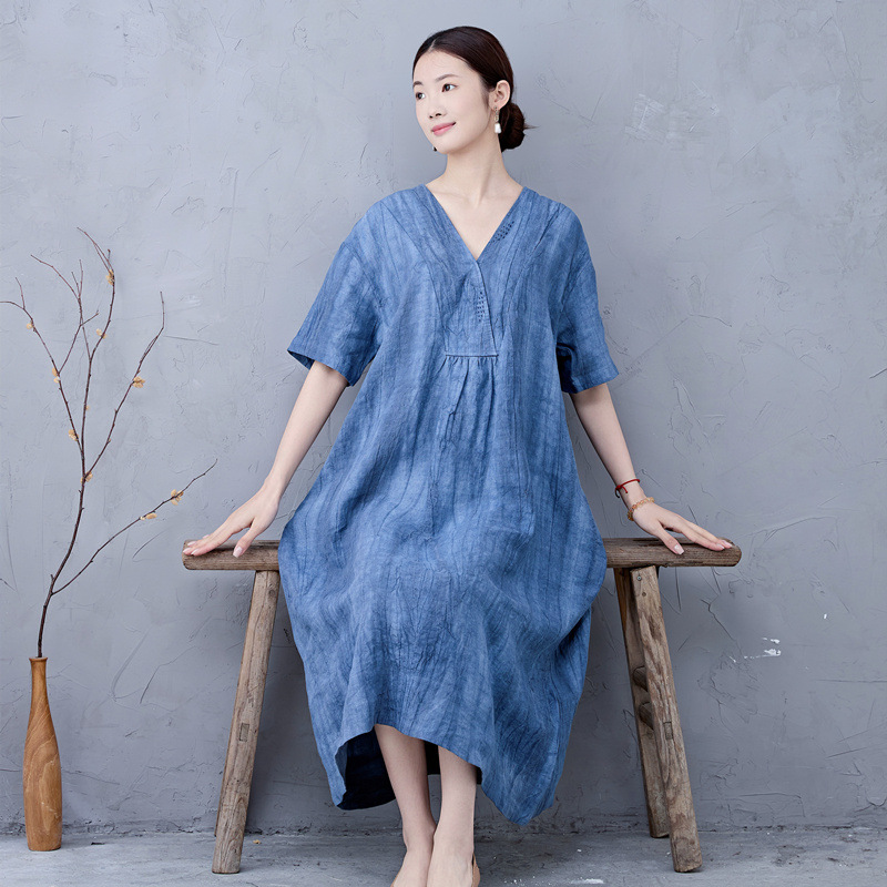 Elegant Linen V-neck Dress Short-sleeved Robe Large Size Women Casual Long  Gown | eBay