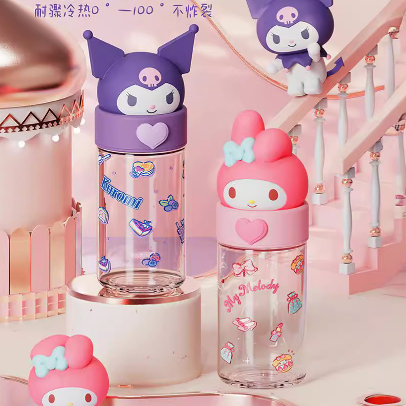 三麗鷗玻璃杯公仔喝水杯酷洛米水杯時尚新品外出耐高溫密封杯批發