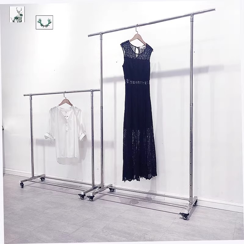 Estante de exhibición de ropa de acero inoxidable de una sola barra tipo piso estante de ropa altura ajustable telescópico pórtico de isla media